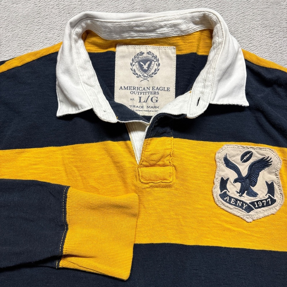 American Eagle Rugby Polo Shirt Mens Large Navy/Yellow Stripe Long Sleeve Y2K